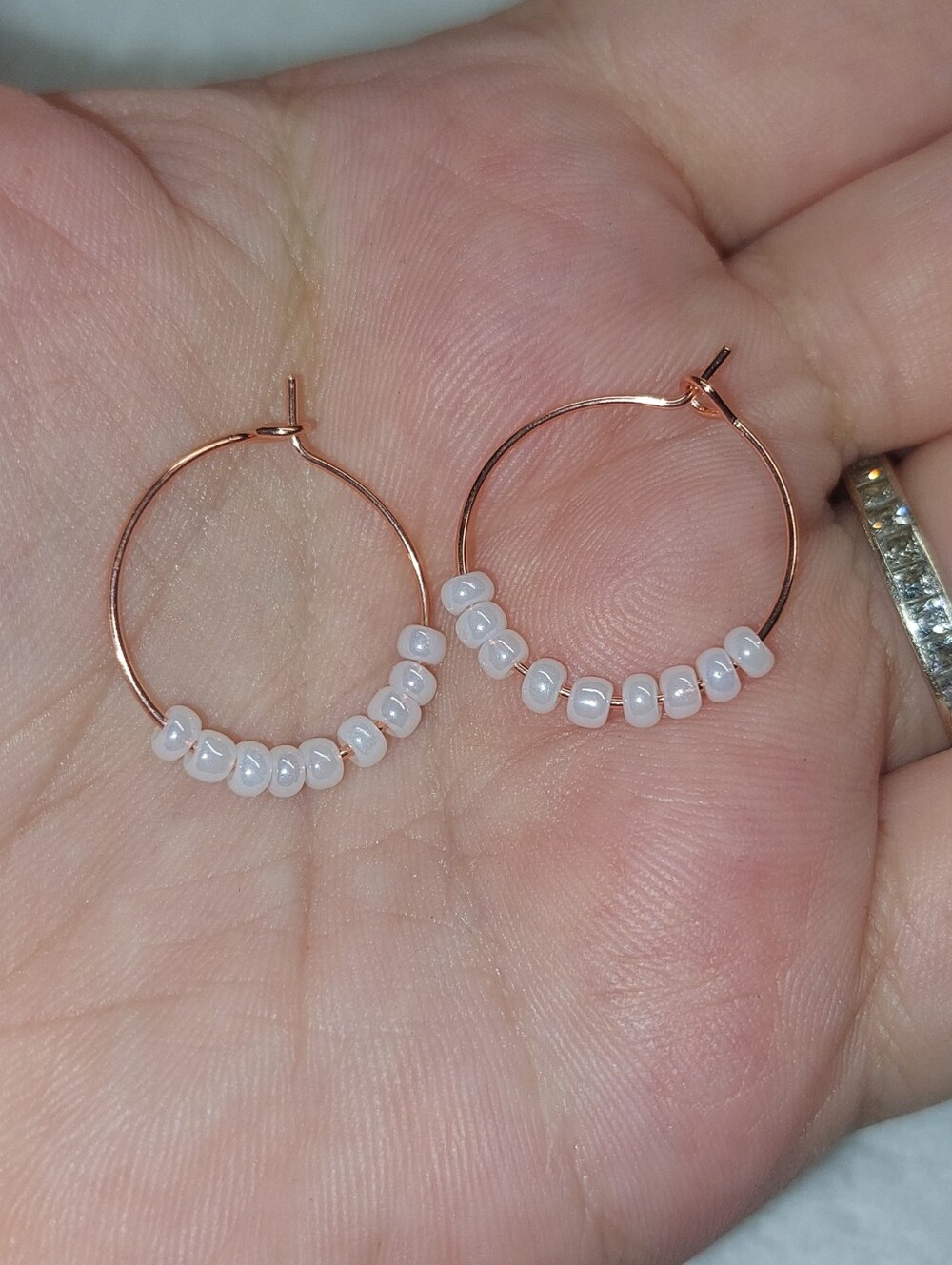 Handmade Rose Goldtone Hoop Earrings with White Beads